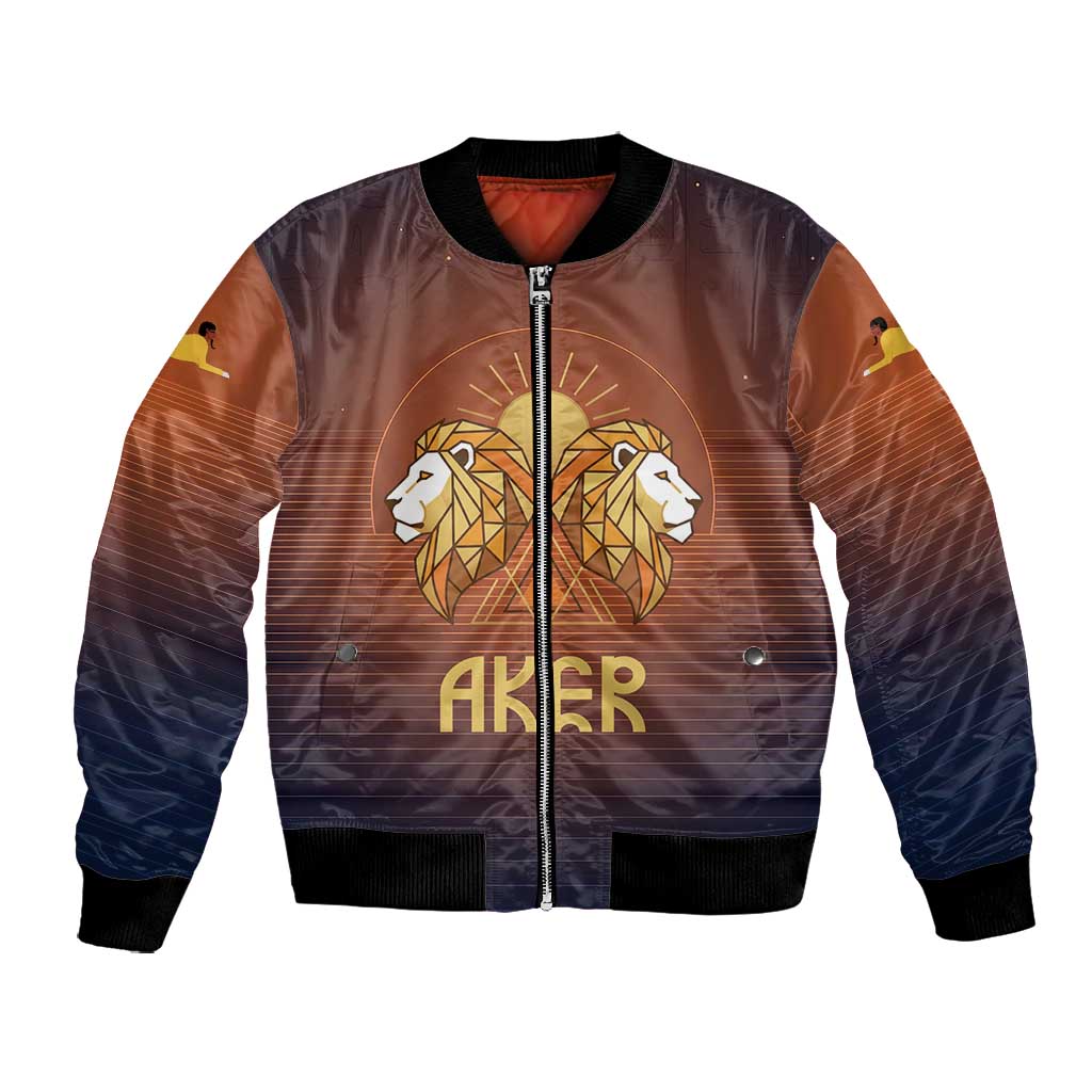 Aker Bomber Jacket Ancient Egyptian Sunset Gradient, Twin Lion Guardians, and Solar Disc - African Pride
