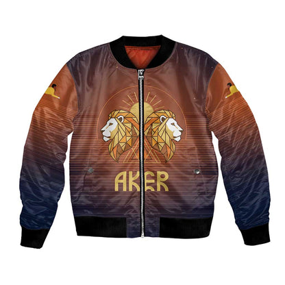 Aker Bomber Jacket Ancient Egyptian Sunset Gradient, Twin Lion Guardians, and Solar Disc - African Pride