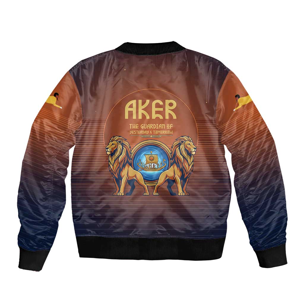 Aker Bomber Jacket Ancient Egyptian Sunset Gradient, Twin Lion Guardians, and Solar Disc - African Pride