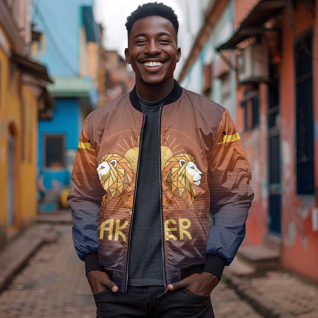 Aker Bomber Jacket Ancient Egyptian Sunset Gradient, Twin Lion Guardians, and Solar Disc - African Pride
