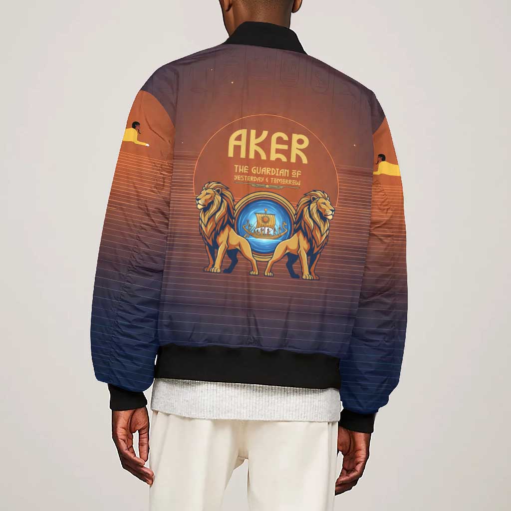 Aker Bomber Jacket Ancient Egyptian Sunset Gradient, Twin Lion Guardians, and Solar Disc - African Pride