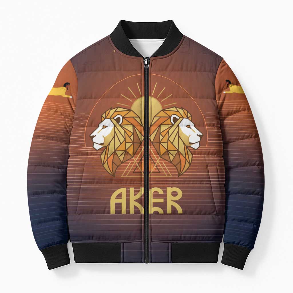 Aker Bomber Puffer Jacket Ancient Egyptian Sunset Gradient, Twin Lion Guardians, and Solar Disc - African Pride