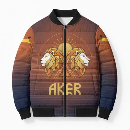 Aker Bomber Puffer Jacket Ancient Egyptian Sunset Gradient, Twin Lion Guardians, and Solar Disc - African Pride