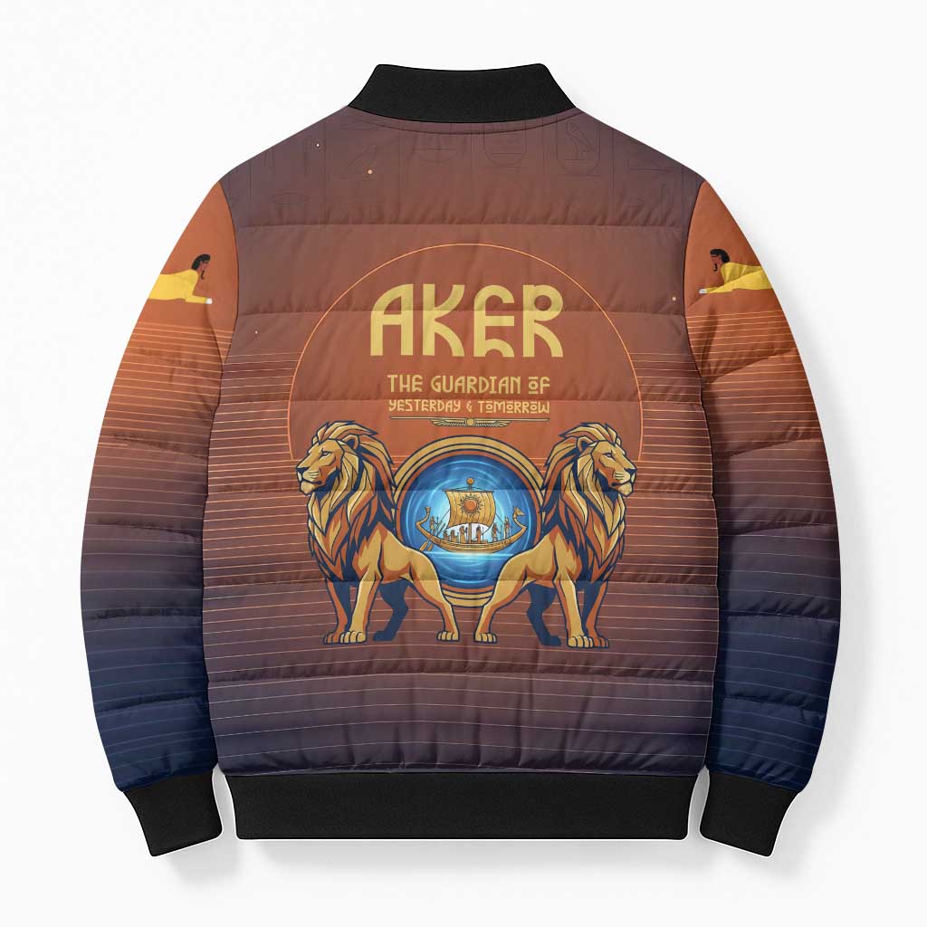 Aker Bomber Puffer Jacket Ancient Egyptian Sunset Gradient, Twin Lion Guardians, and Solar Disc - African Pride
