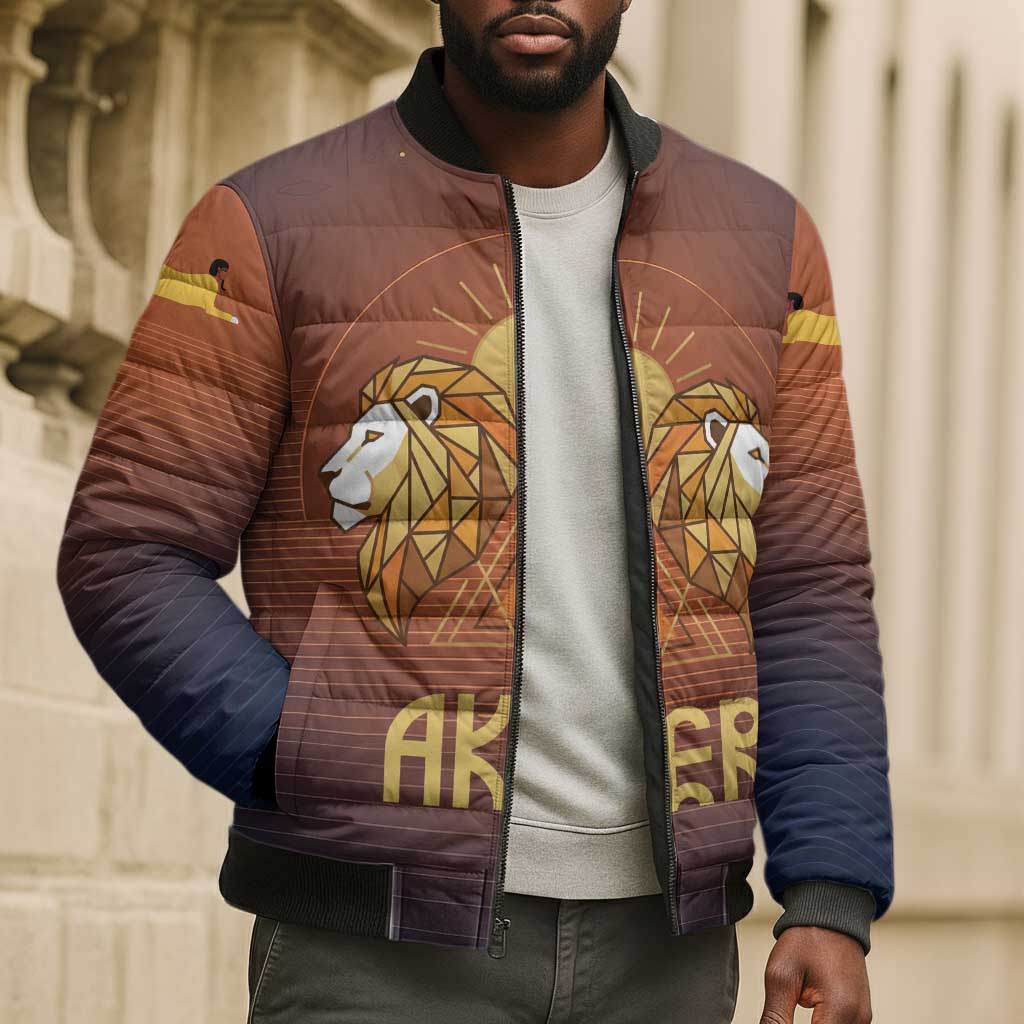 Aker Bomber Puffer Jacket Ancient Egyptian Sunset Gradient, Twin Lion Guardians, and Solar Disc - African Pride