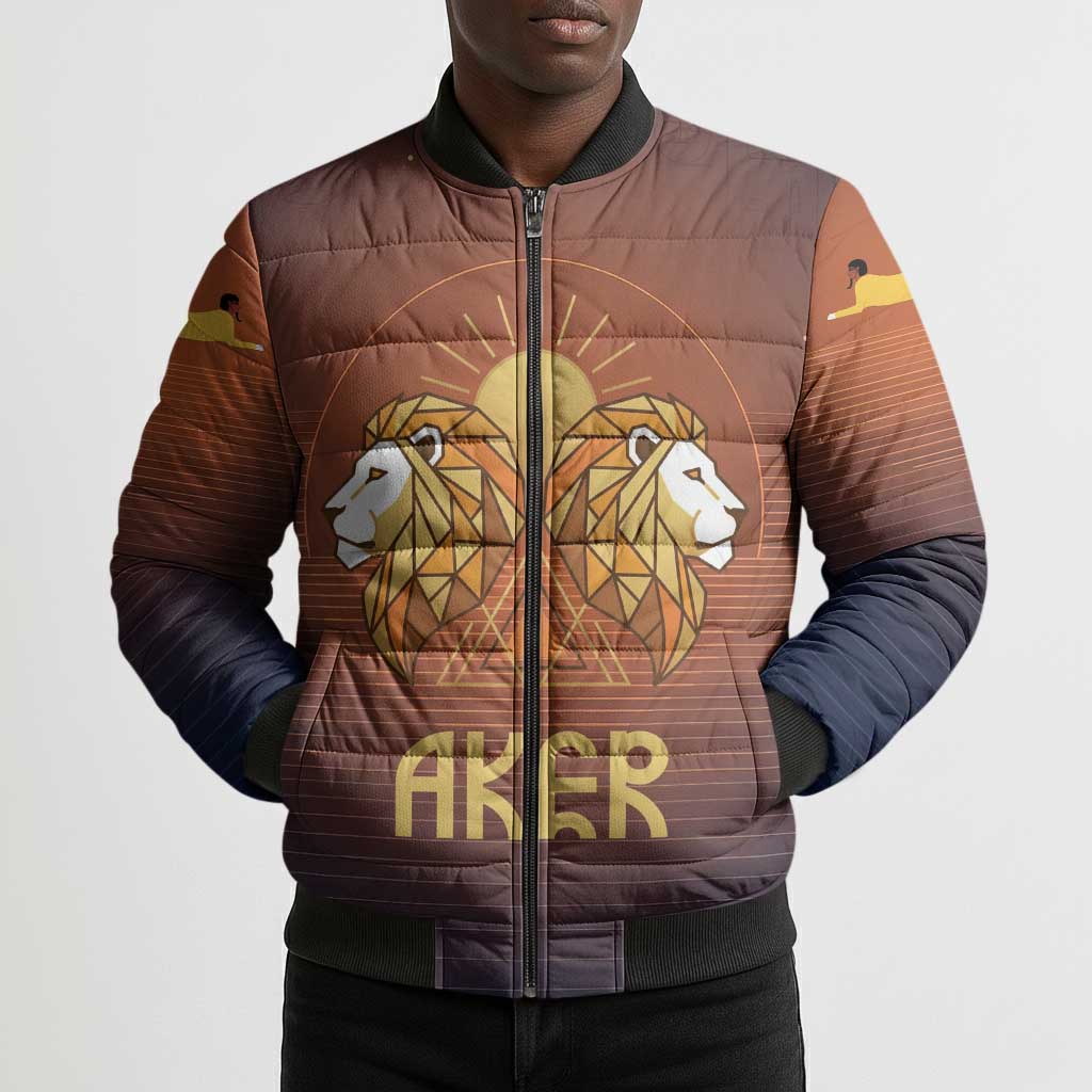 Aker Bomber Puffer Jacket Ancient Egyptian Sunset Gradient, Twin Lion Guardians, and Solar Disc - African Pride