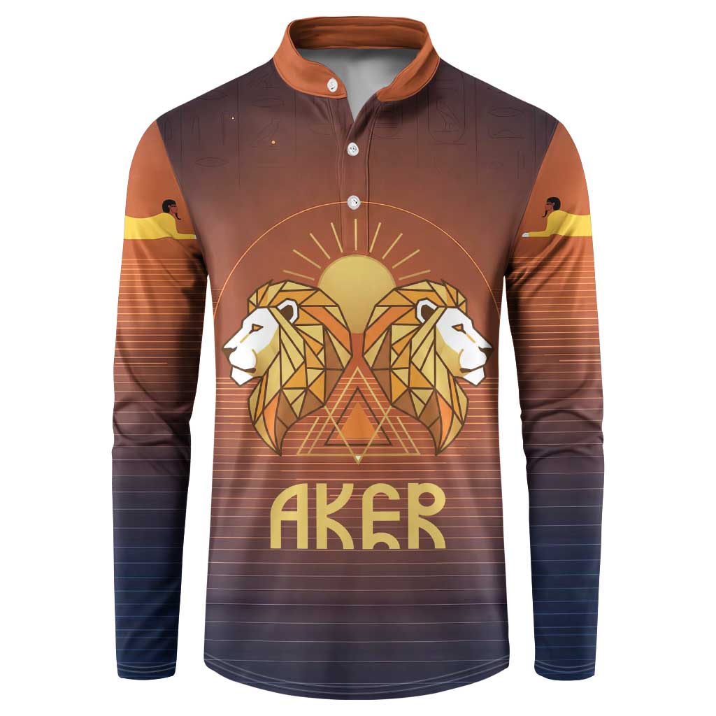 Aker Button Sweatshirt Ancient Egyptian Sunset Gradient, Twin Lion Guardians, and Solar Disc