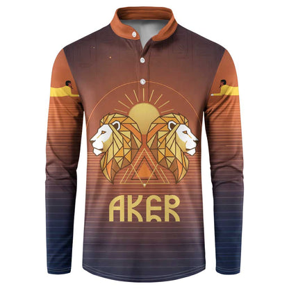 Aker Button Sweatshirt Ancient Egyptian Sunset Gradient, Twin Lion Guardians, and Solar Disc