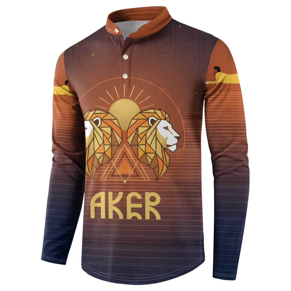 Aker Button Sweatshirt Ancient Egyptian Sunset Gradient, Twin Lion Guardians, and Solar Disc