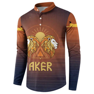 Aker Button Sweatshirt Ancient Egyptian Sunset Gradient, Twin Lion Guardians, and Solar Disc