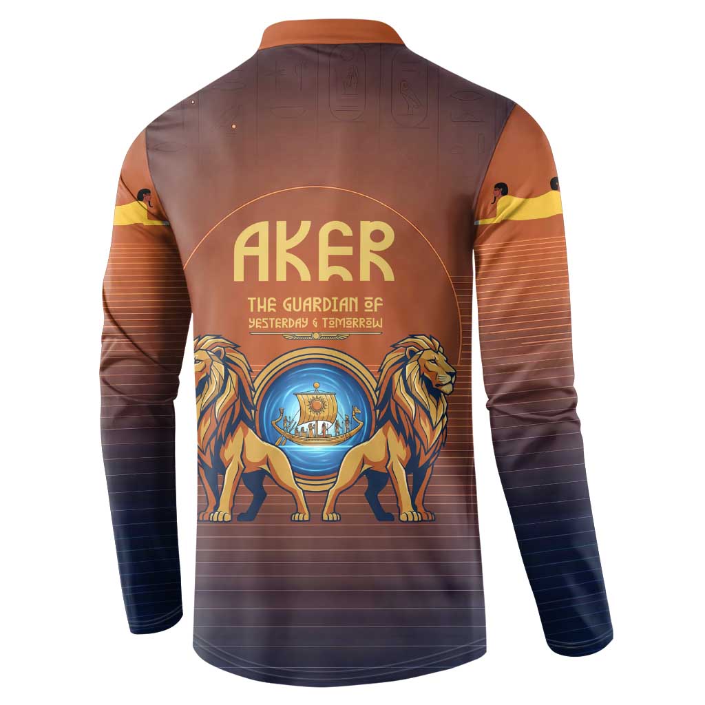 Aker Button Sweatshirt Ancient Egyptian Sunset Gradient, Twin Lion Guardians, and Solar Disc