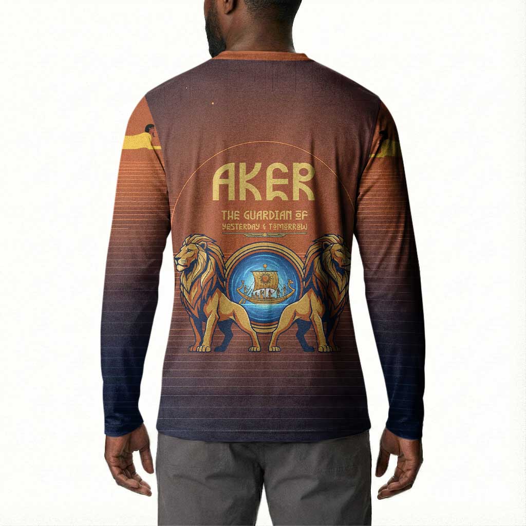Aker Button Sweatshirt Ancient Egyptian Sunset Gradient, Twin Lion Guardians, and Solar Disc