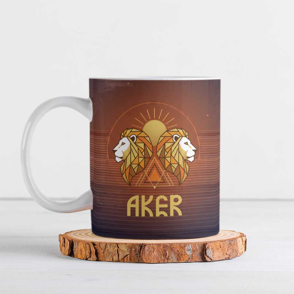 Aker Ceramic Mug Ancient Egyptian Sunset Gradient, Twin Lion Guardians, and Solar Disc - African Pride