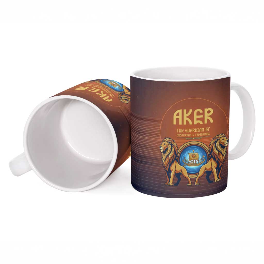 Aker Ceramic Mug Ancient Egyptian Sunset Gradient, Twin Lion Guardians, and Solar Disc - African Pride