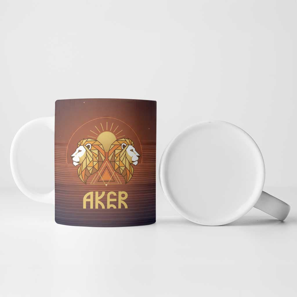 Aker Ceramic Mug Ancient Egyptian Sunset Gradient, Twin Lion Guardians, and Solar Disc - African Pride
