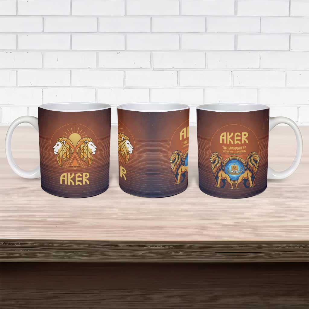Aker Ceramic Mug Ancient Egyptian Sunset Gradient, Twin Lion Guardians, and Solar Disc - African Pride