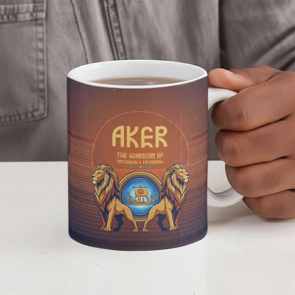 Aker Ceramic Mug Ancient Egyptian Sunset Gradient, Twin Lion Guardians, and Solar Disc - African Pride
