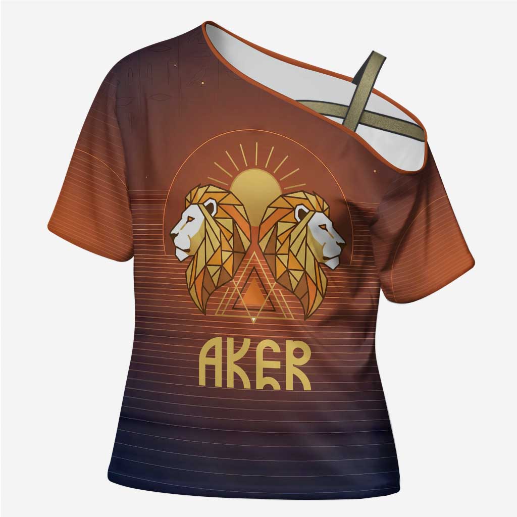 Aker Cross Shoulder Shirt Ancient Egyptian Sunset Gradient, Twin Lion Guardians, and Solar Disc - African Pride