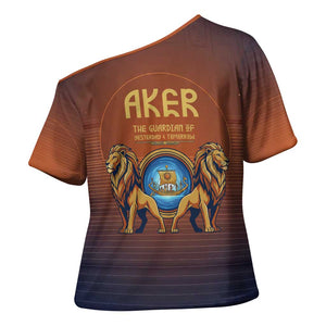 Aker Cross Shoulder Shirt Ancient Egyptian Sunset Gradient, Twin Lion Guardians, and Solar Disc - African Pride