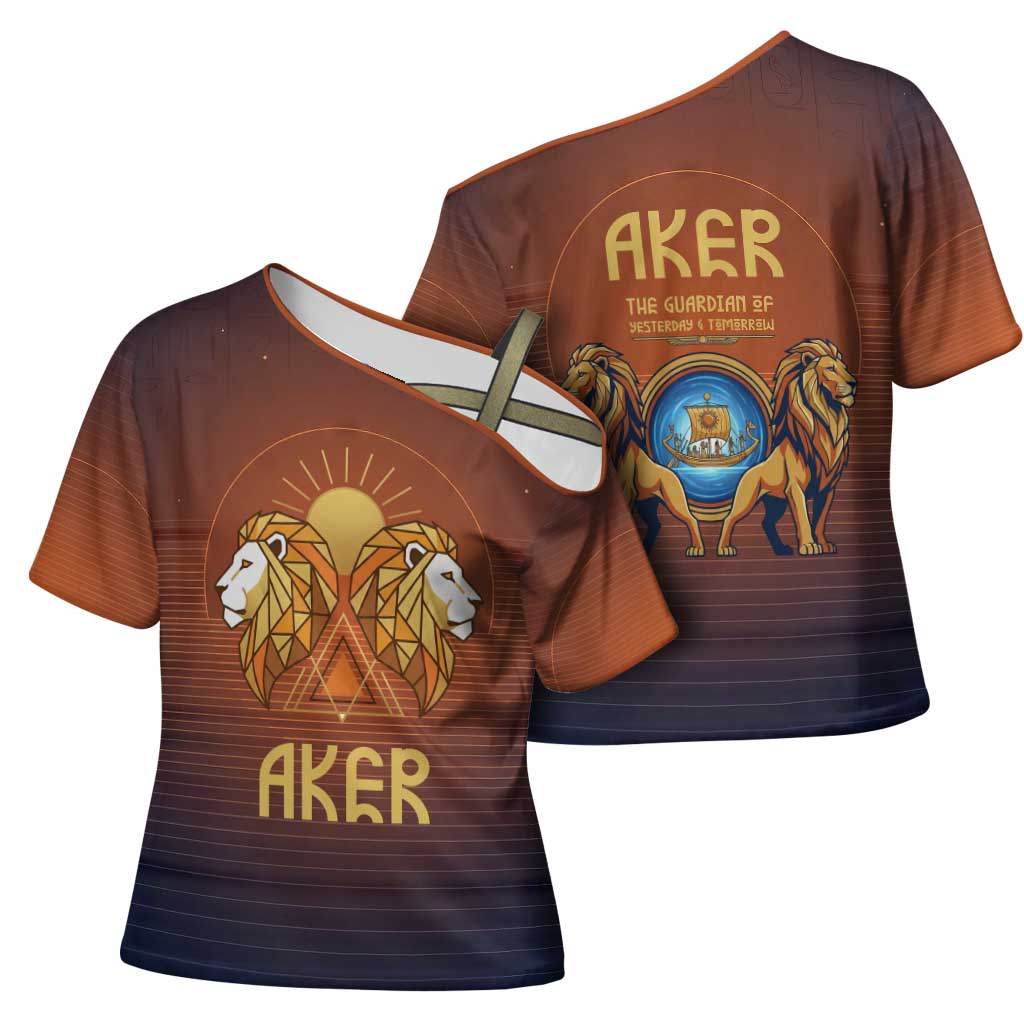 Aker Cross Shoulder Shirt Ancient Egyptian Sunset Gradient, Twin Lion Guardians, and Solar Disc - African Pride