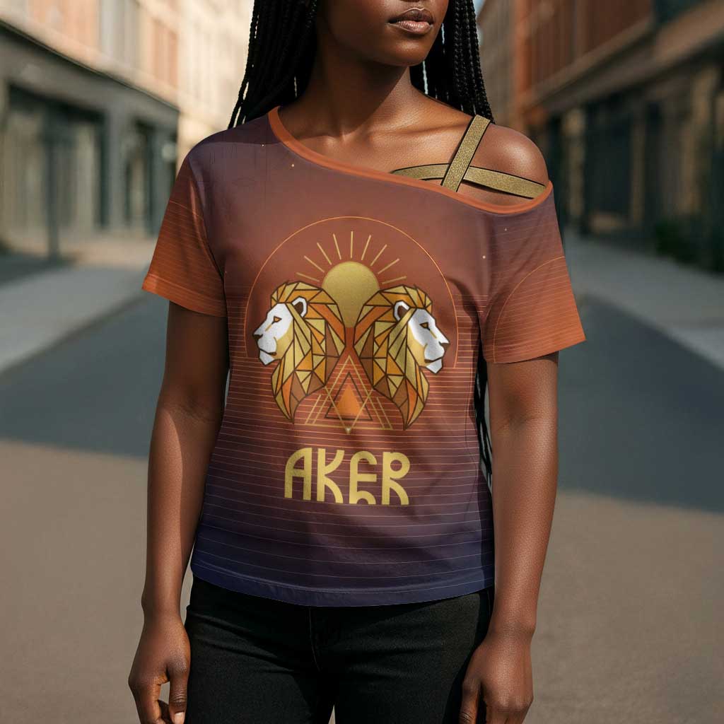 Aker Cross Shoulder Shirt Ancient Egyptian Sunset Gradient, Twin Lion Guardians, and Solar Disc - African Pride