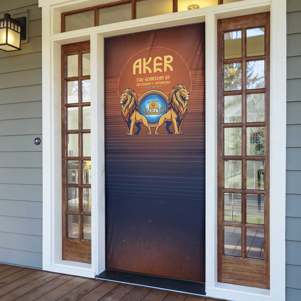 Aker Door Cover Ancient Egyptian Sunset Gradient, Twin Lion Guardians, and Solar Disc - African Pride