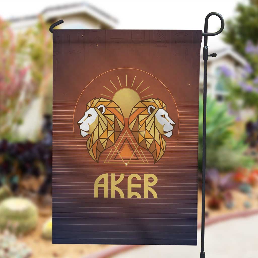 Aker Garden Flag Ancient Egyptian Sunset Gradient, Twin Lion Guardians, and Solar Disc - African Pride
