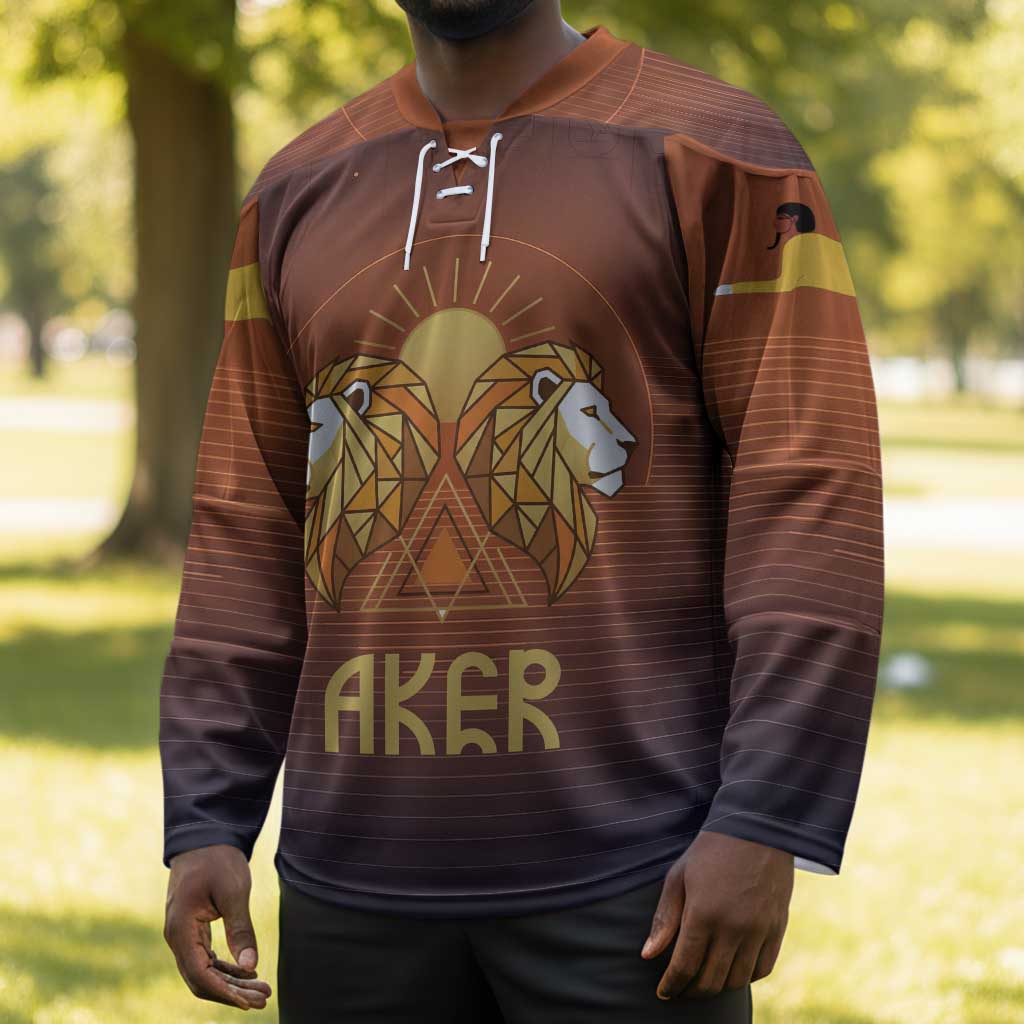 Aker Hockey Jersey Ancient Egyptian Sunset Gradient, Twin Lion Guardians, and Solar Disc - African Pride