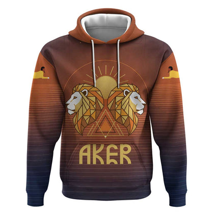 Aker Hoodie Ancient Egyptian Sunset Gradient, Twin Lion Guardians, and Solar Disc - African Pride