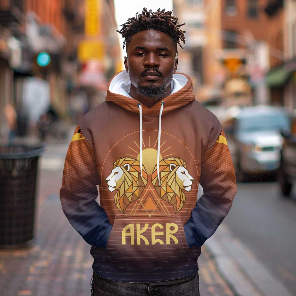 Aker Hoodie Ancient Egyptian Sunset Gradient, Twin Lion Guardians, and Solar Disc - African Pride