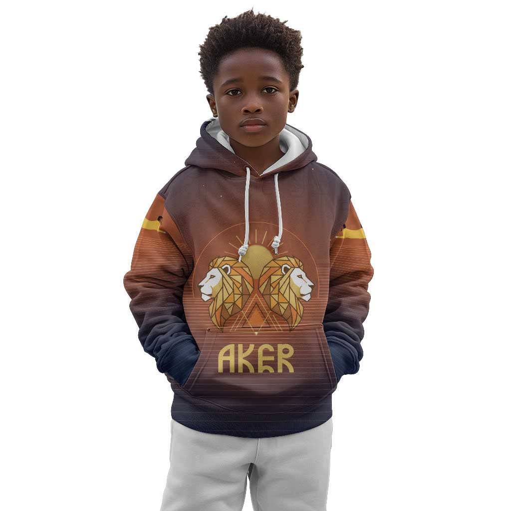 Aker Kid Hoodie Ancient Egyptian Sunset Gradient, Twin Lion Guardians, and Solar Disc - African Pride