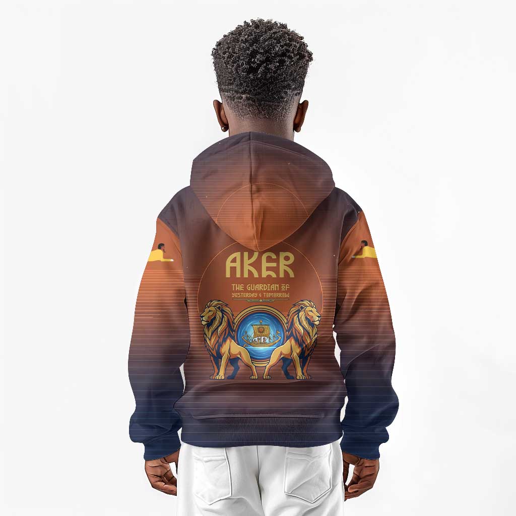 Aker Kid Hoodie Ancient Egyptian Sunset Gradient, Twin Lion Guardians, and Solar Disc - African Pride