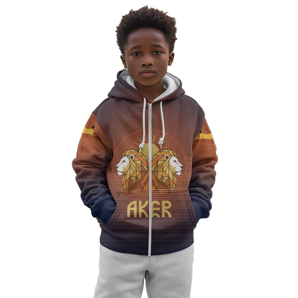 Aker Kid Hoodie Ancient Egyptian Sunset Gradient, Twin Lion Guardians, and Solar Disc - African Pride