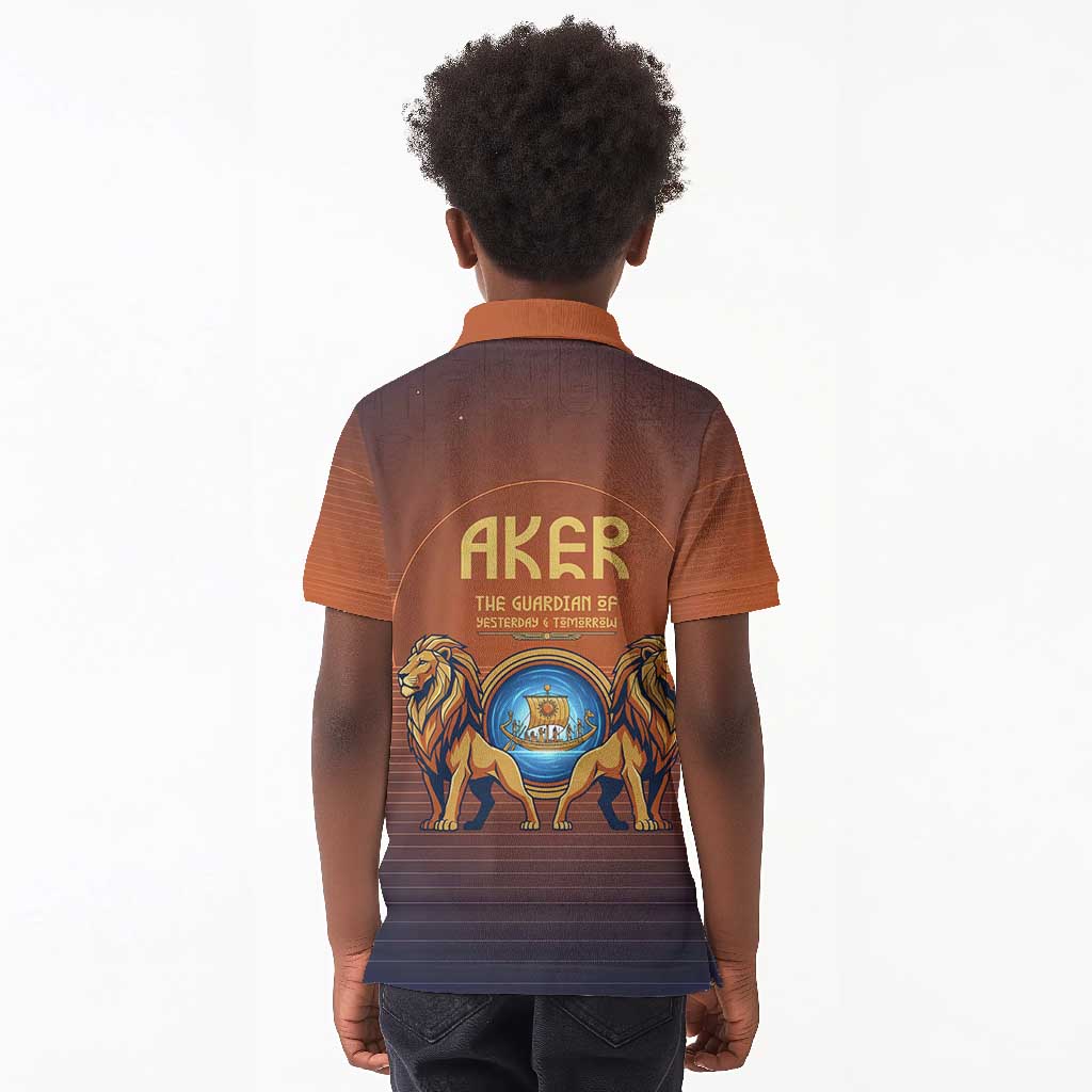 Aker Kid Polo Shirt Ancient Egyptian Sunset Gradient, Twin Lion Guardians, and Solar Disc - African Pride