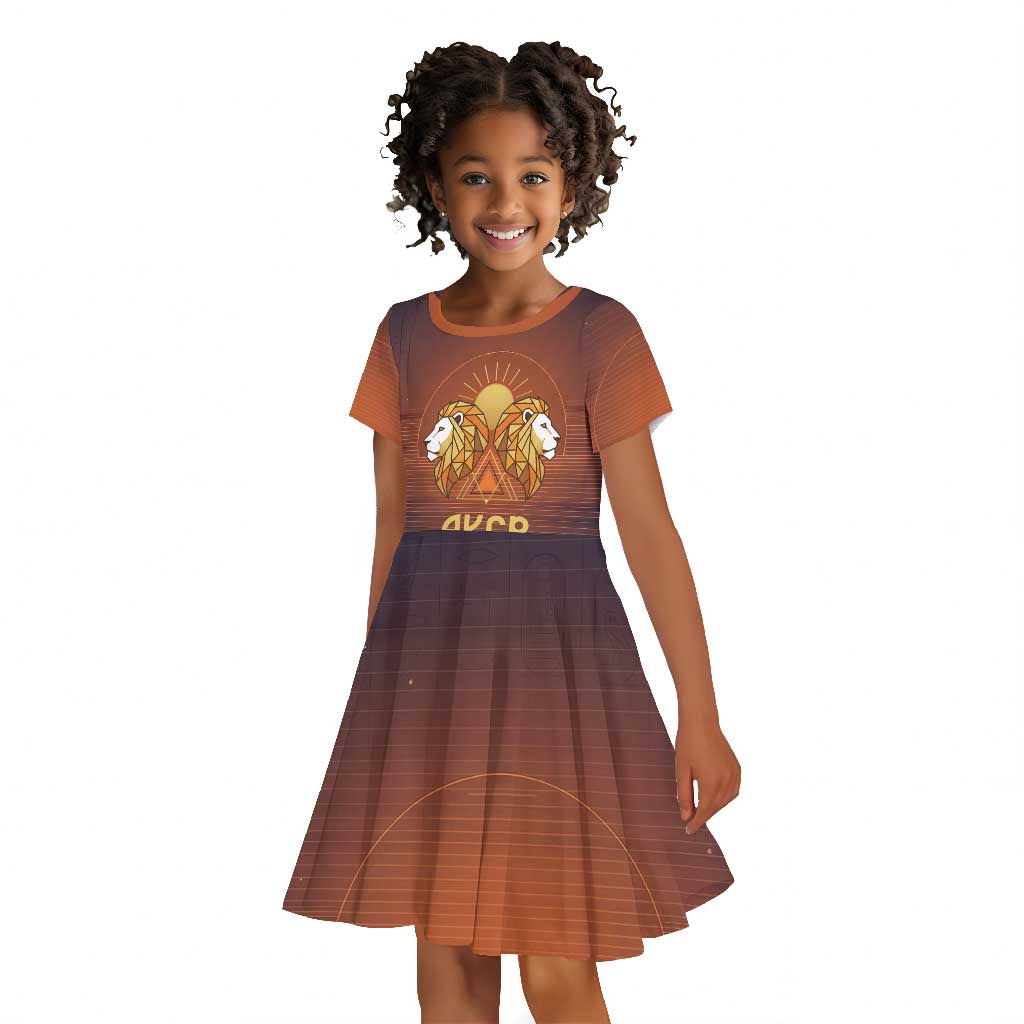 Aker Kid Short Sleeve Dress Ancient Egyptian Sunset Gradient, Twin Lion Guardians, and Solar Disc - African Pride