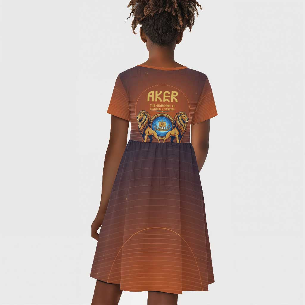Aker Kid Short Sleeve Dress Ancient Egyptian Sunset Gradient, Twin Lion Guardians, and Solar Disc - African Pride