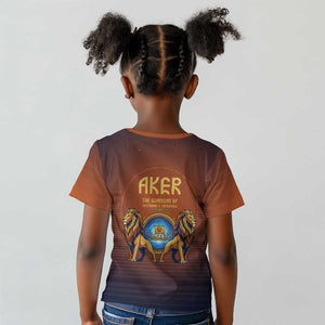 Aker Kid T shirt Ancient Egyptian Sunset Gradient, Twin Lion Guardians, and Solar Disc - African Pride