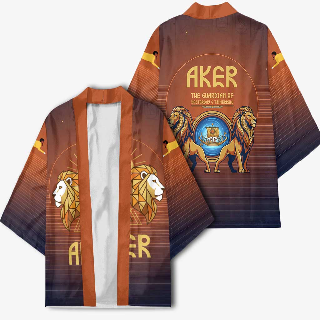 Aker Kimono Ancient Egyptian Sunset Gradient, Twin Lion Guardians, and Solar Disc - African Pride