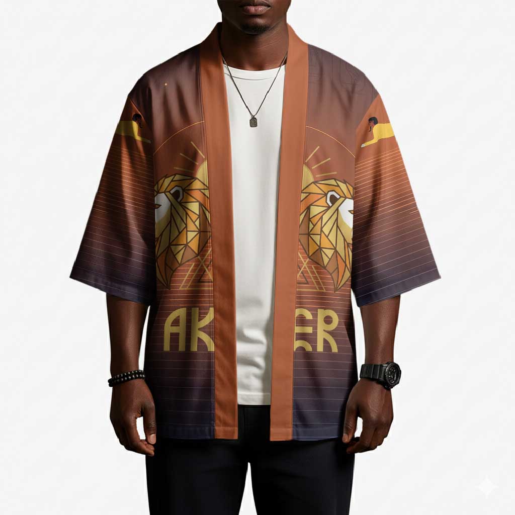 Aker Kimono Ancient Egyptian Sunset Gradient, Twin Lion Guardians, and Solar Disc - African Pride