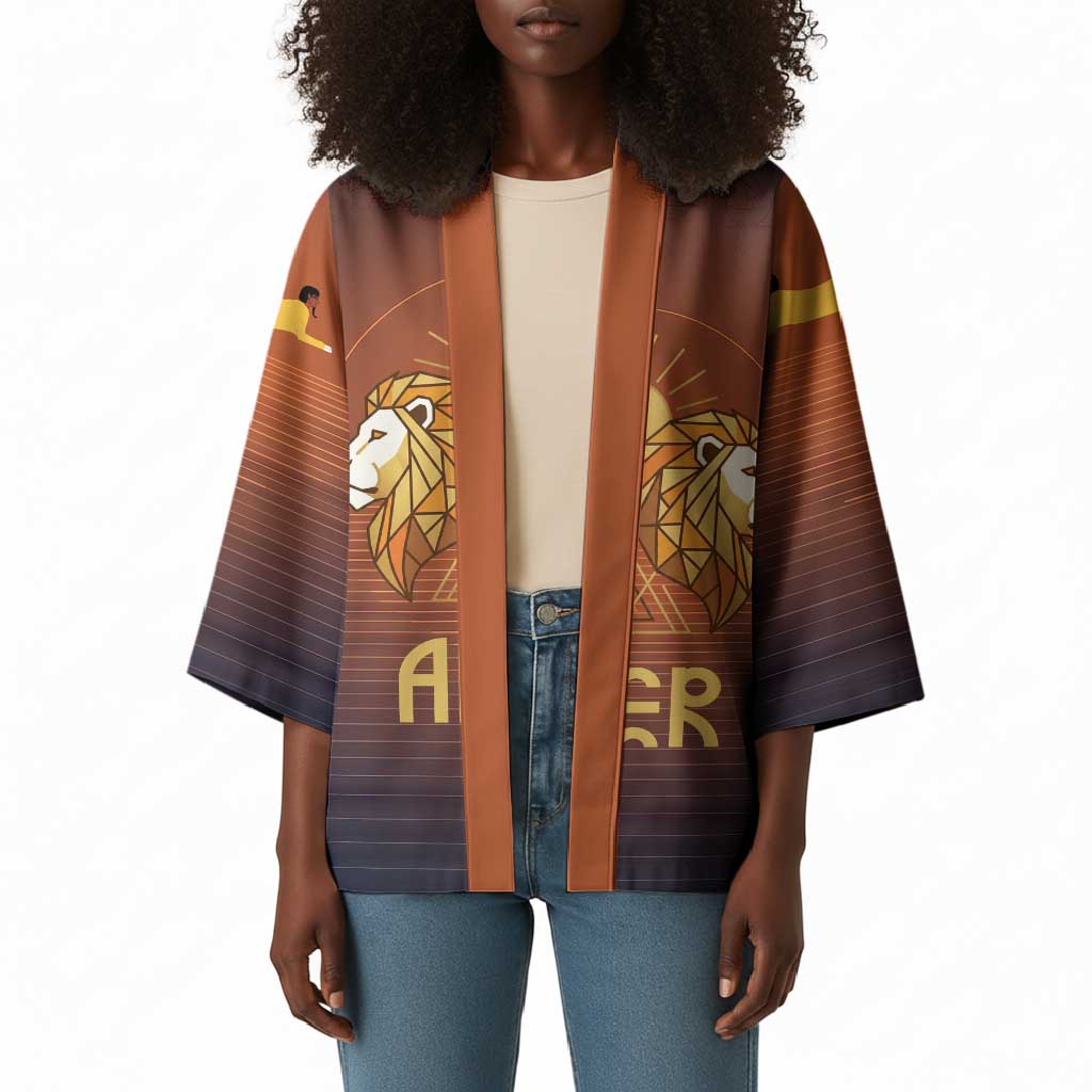 Aker Kimono Ancient Egyptian Sunset Gradient, Twin Lion Guardians, and Solar Disc - African Pride