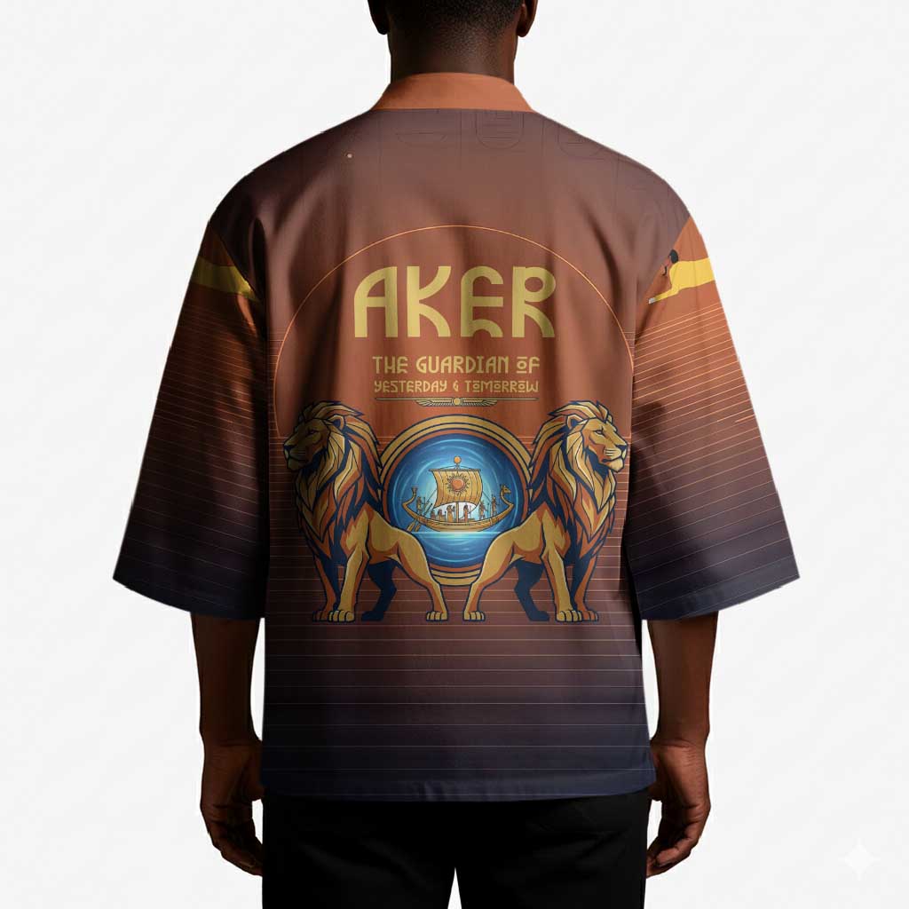 Aker Kimono Ancient Egyptian Sunset Gradient, Twin Lion Guardians, and Solar Disc - African Pride