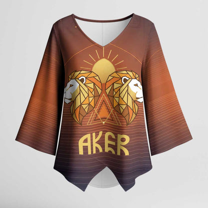 Aker Kimono Sleeve Blouse Ancient Egyptian Sunset Gradient, Twin Lion Guardians, and Solar Disc - African Pride