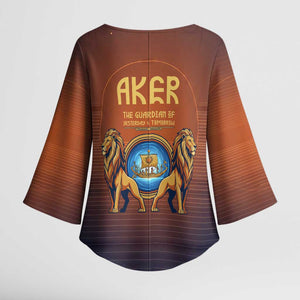 Aker Kimono Sleeve Blouse Ancient Egyptian Sunset Gradient, Twin Lion Guardians, and Solar Disc - African Pride