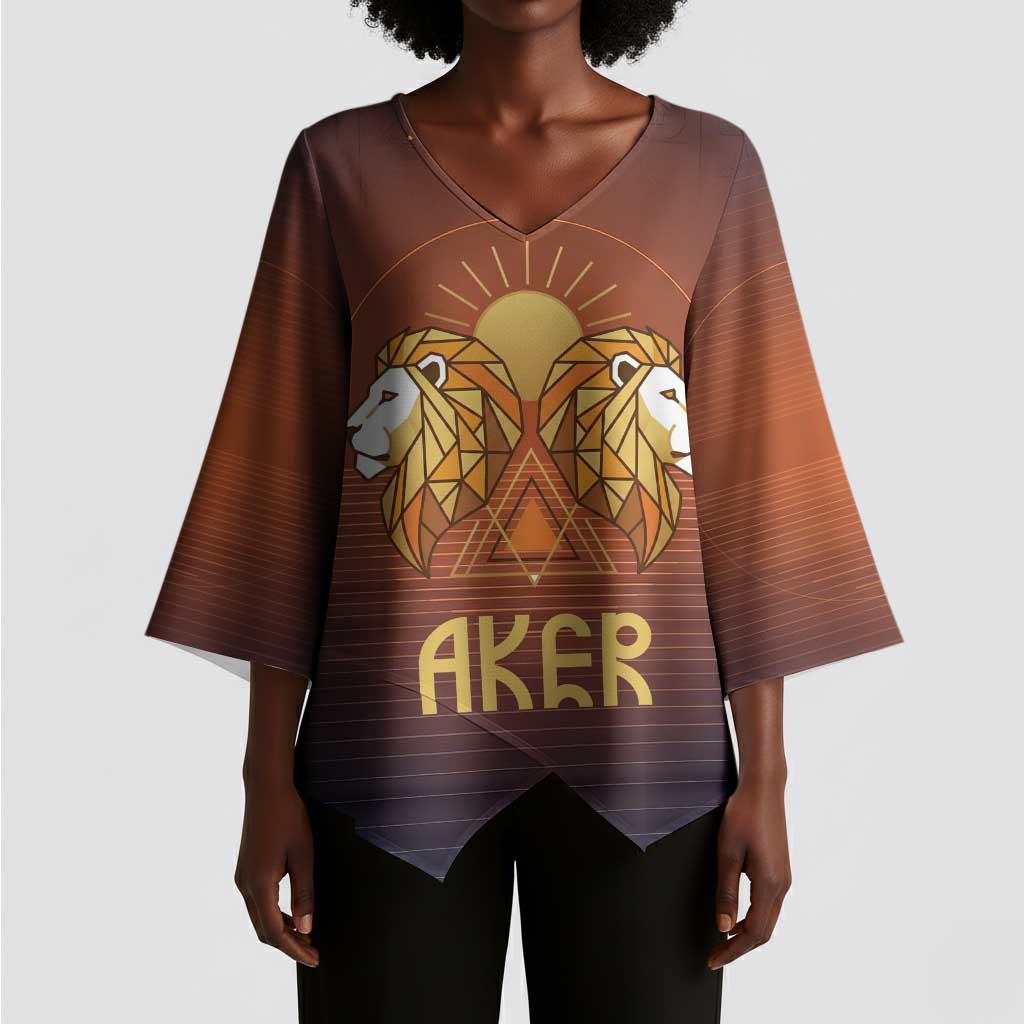 Aker Kimono Sleeve Blouse Ancient Egyptian Sunset Gradient, Twin Lion Guardians, and Solar Disc - African Pride
