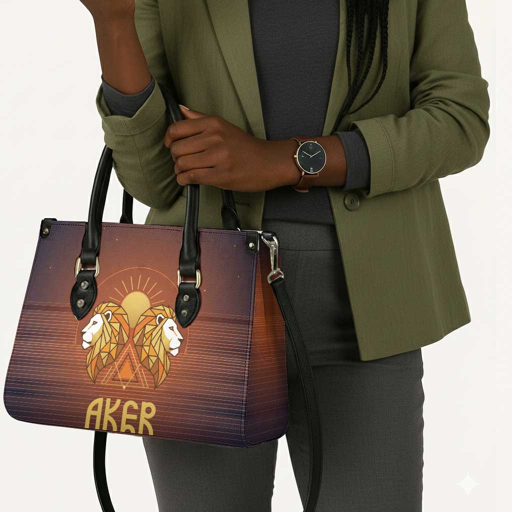 Aker Leather Bag Ancient Egyptian Sunset Gradient, Twin Lion Guardians, and Solar Disc - African Pride