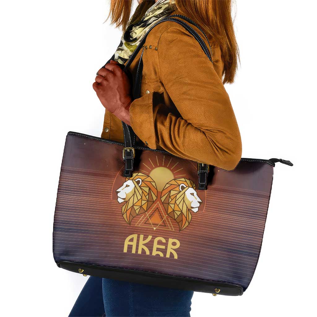Aker Leather Tote Bag Ancient Egyptian Sunset Gradient, Twin Lion Guardians, and Solar Disc - African Pride