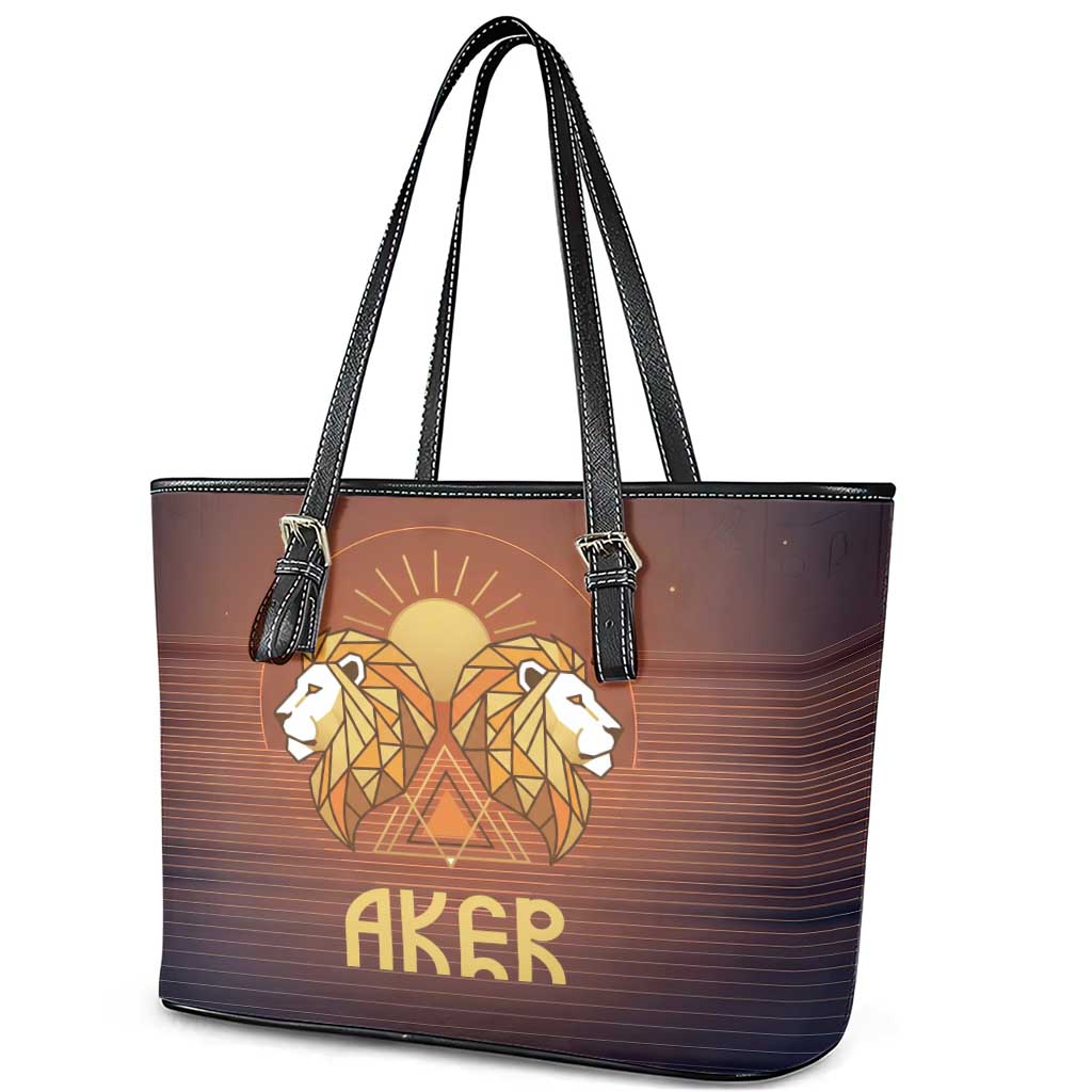 Aker Leather Tote Bag Ancient Egyptian Sunset Gradient, Twin Lion Guardians, and Solar Disc - African Pride