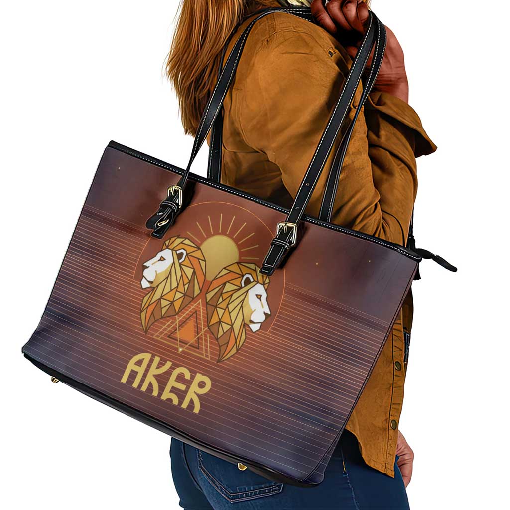 Aker Leather Tote Bag Ancient Egyptian Sunset Gradient, Twin Lion Guardians, and Solar Disc - African Pride