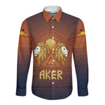 Aker Long Sleeve Button Shirt Ancient Egyptian Sunset Gradient, Twin Lion Guardians, and Solar Disc - African Pride