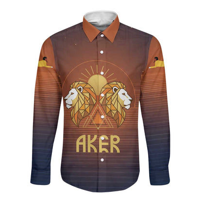 Aker Long Sleeve Button Shirt Ancient Egyptian Sunset Gradient, Twin Lion Guardians, and Solar Disc - African Pride